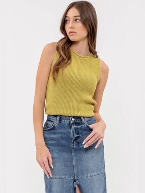Sleeveless Knit Corset Back Tank Top in Chartreuse